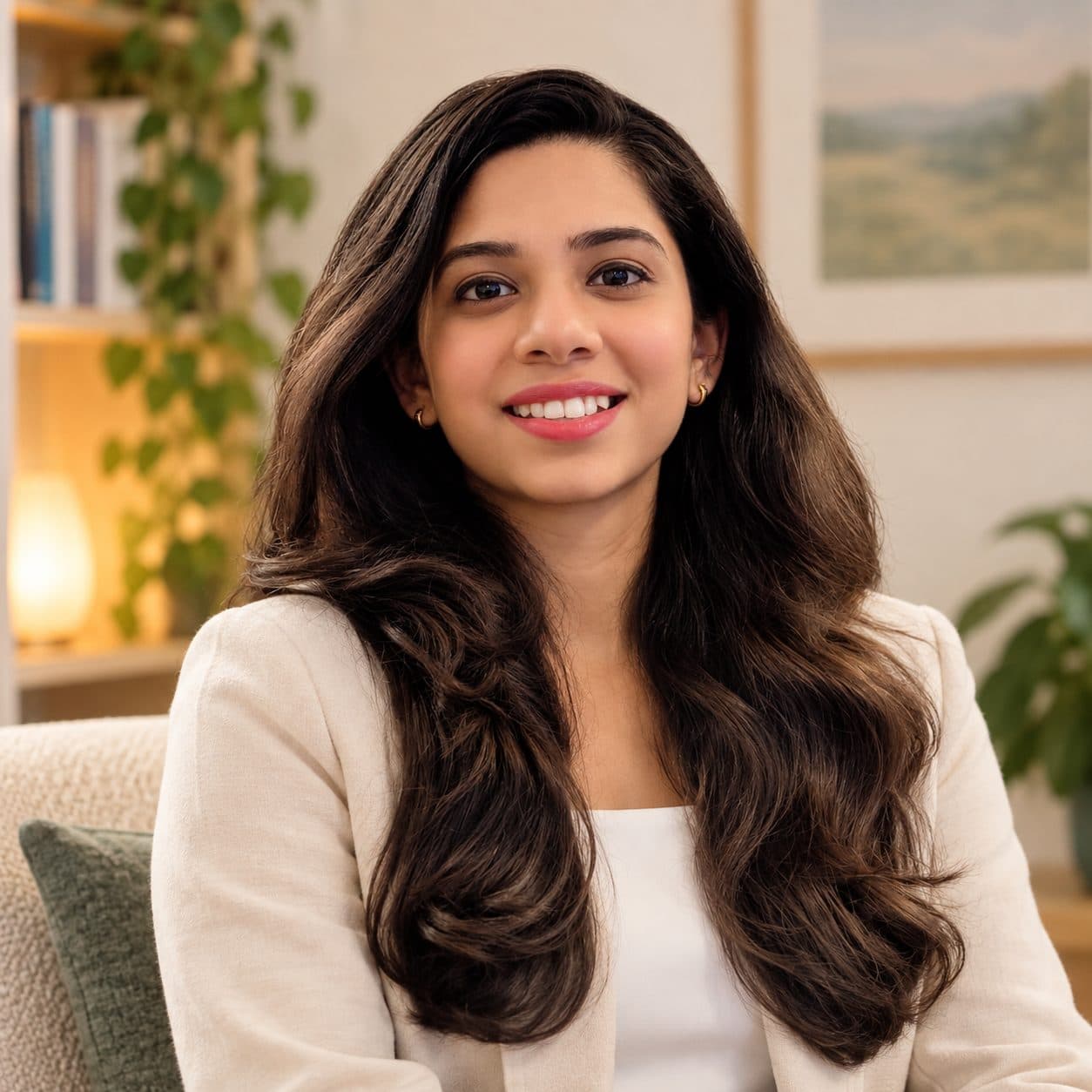 Anjana Iyer, Registered Psychotherapist, smiling in a cream blazer in her office, with bookshelves and plants behind her.