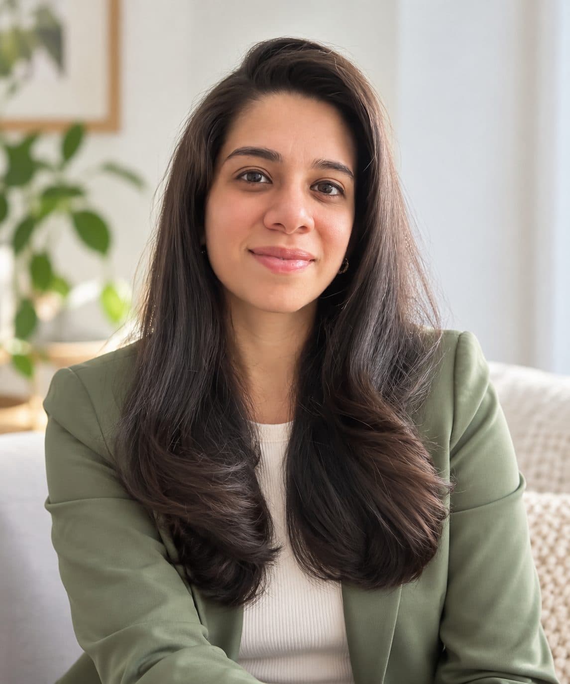 Anjana Iyer in a sage blazer, seated in her sunlit therapy room among plants.