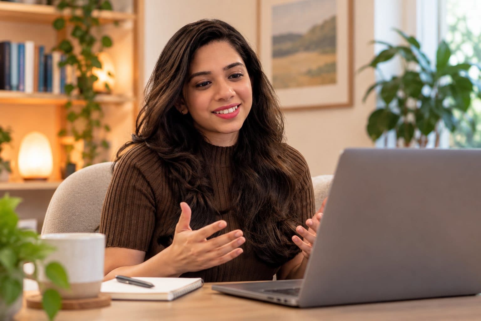 Anjana Iyer mid-session at her laptop, speaking warmly to a client on a video call.